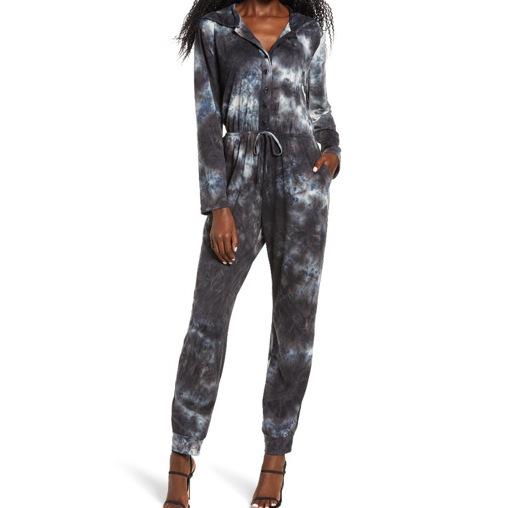 NWT Fraiche Women's Tie Dye Hooded Long Sleeve Jumpsuit Black Size S $100 X219